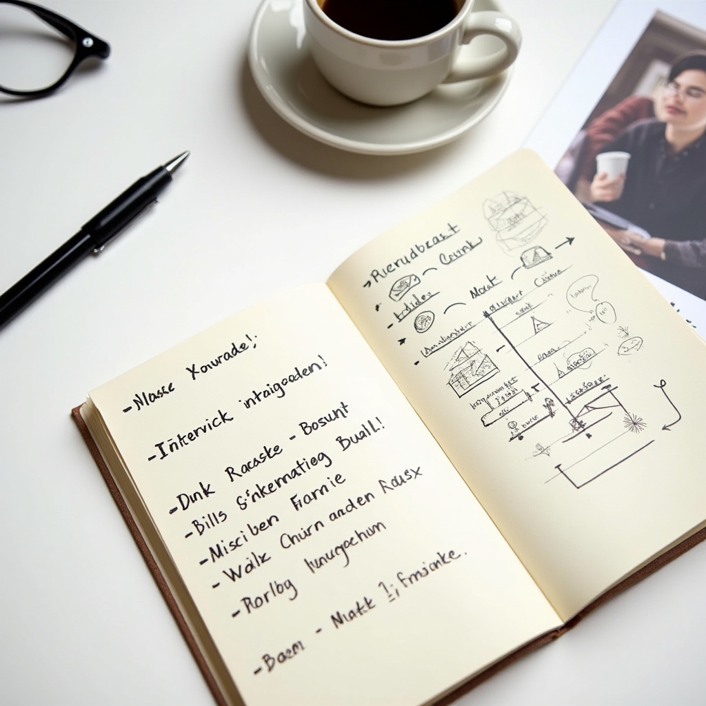 Notizbuch mit handgeschriebenen Fragen und Konzeptnotizen für die Brimtaso Interviewserie