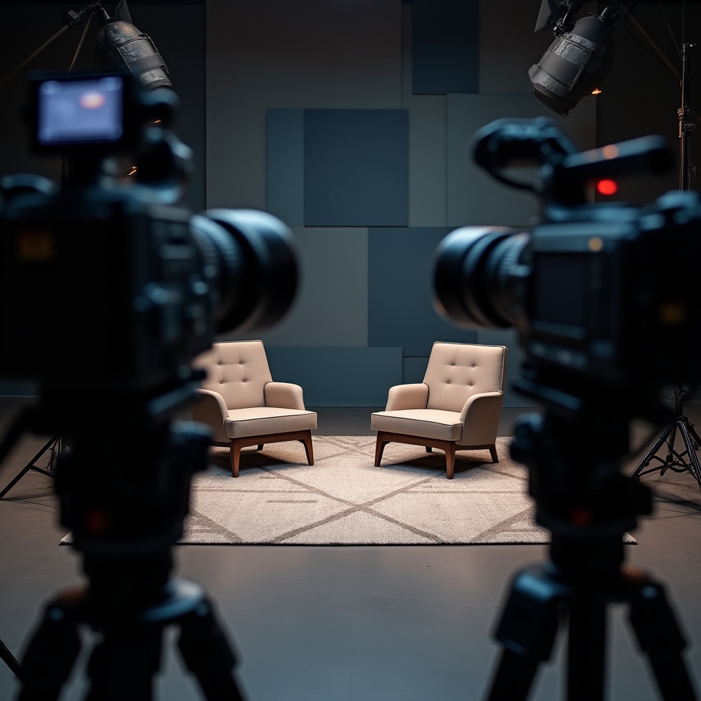 Professionelles Interview-Setup im Brimtaso Studio mit zwei Kamerawinkeln und warmem Licht